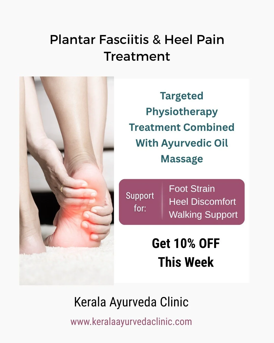 Plantar Fasciitis &amp; Heel Pain Treatment

Heel pain affecting walking or daily movement?

A focused combination of physiotherapy and Ayurvedic oil massage for heel and foot support.

Get 10% OFF This Week Only

Professional therapists trusted acro