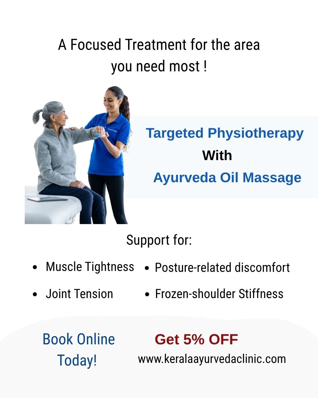 Shoulder, Neck or Back Pain?

Targeted Physiotherapy with Ayurvedic Oil Massage

Focused treatment designed to relieve tension, reduce discomfort &amp; support better movement.

Kerala Ayurveda Clinic
173 Belgrave Gate, Leicester LE1 3HS
📞 0116 262 