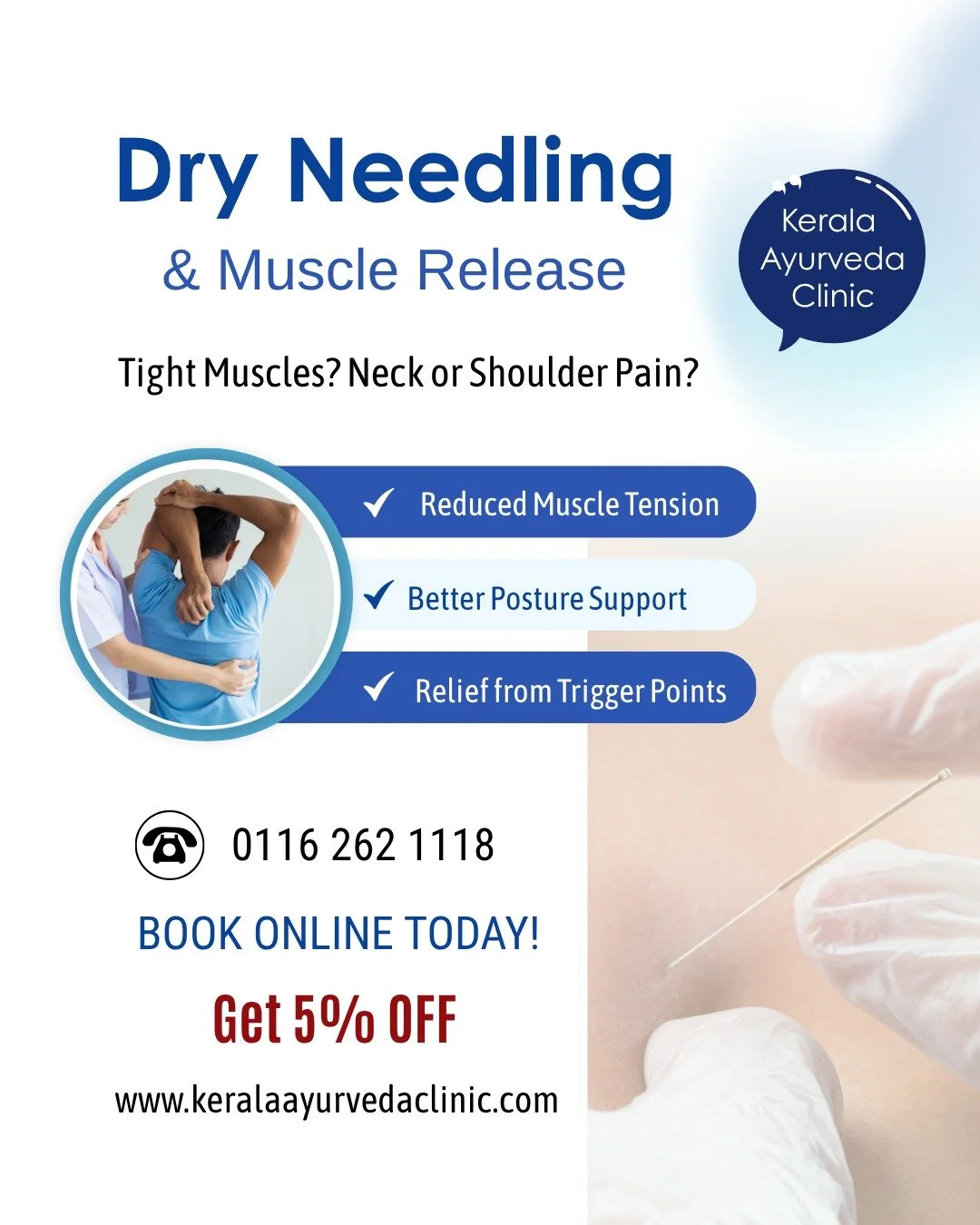 Dry Needling &amp; Muscle Release in Leicester

Targeted treatment for tight muscles, trigger points, stiffness and reduced mobility.

Commonly booked for neck pain, shoulder pain, back pain, muscle tension and sports injury recovery.

5% off this Fr