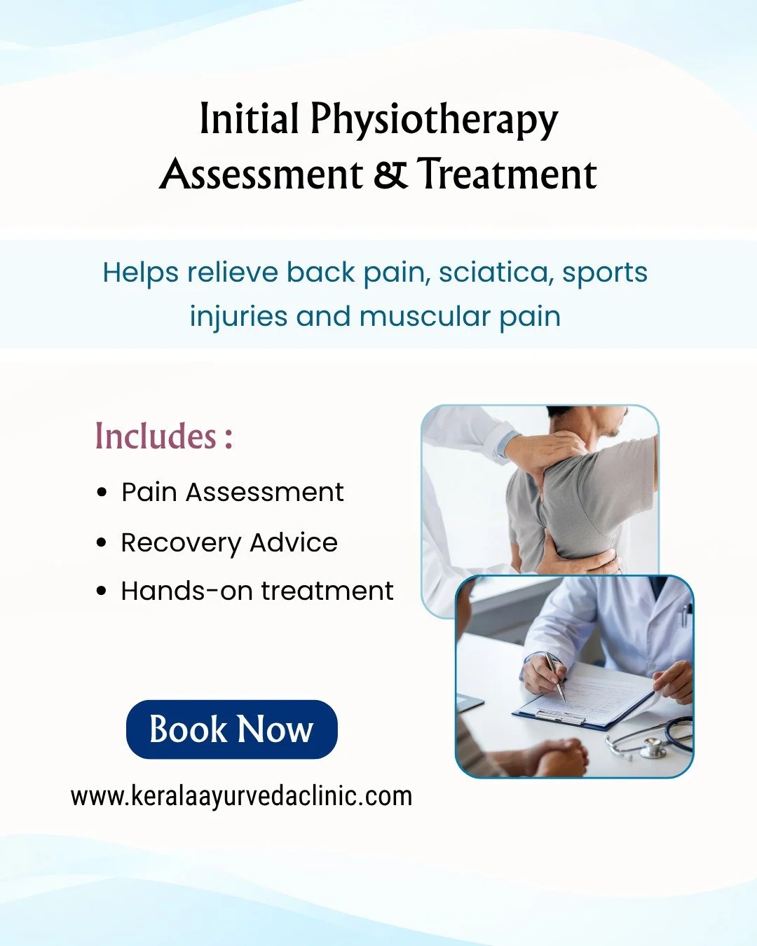Initial Physiotherapy Assessment &amp; Treatment

Book if you are dealing with pain, stiffness, injury or restricted movement.

Includes assessment and treatment in one appointment.

Common concerns include back pain, neck pain, shoulder pain, knee p