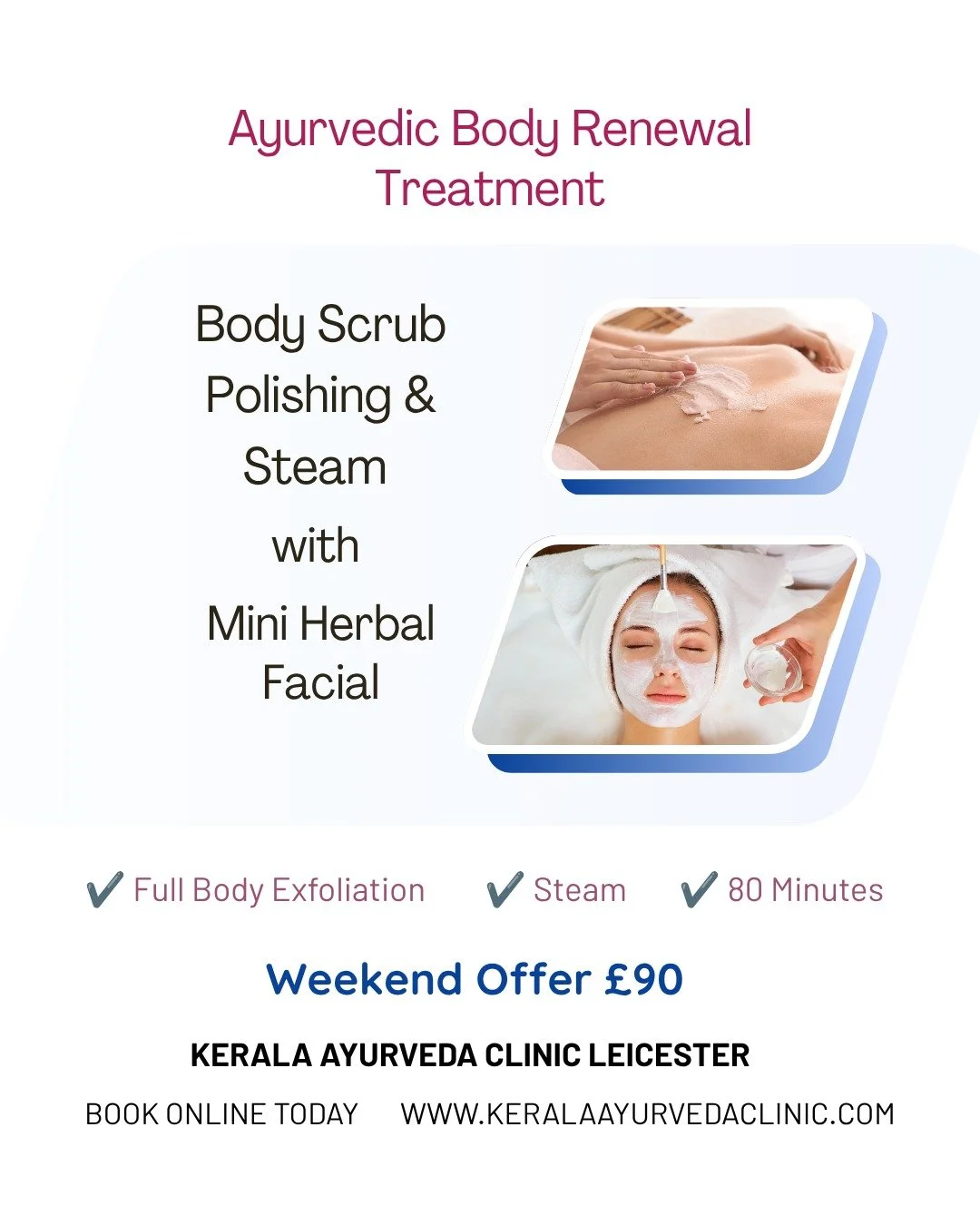 For Rough, Dry or Uneven Skin Texture

Body Scrub Polishing &amp; Steam
with
Mini Herbal Facial

A professional Ayurvedic body and skin treatment combining body polishing, steam and a mini herbal facial.

This weekend: 80 minutes | &pound;90

Book on