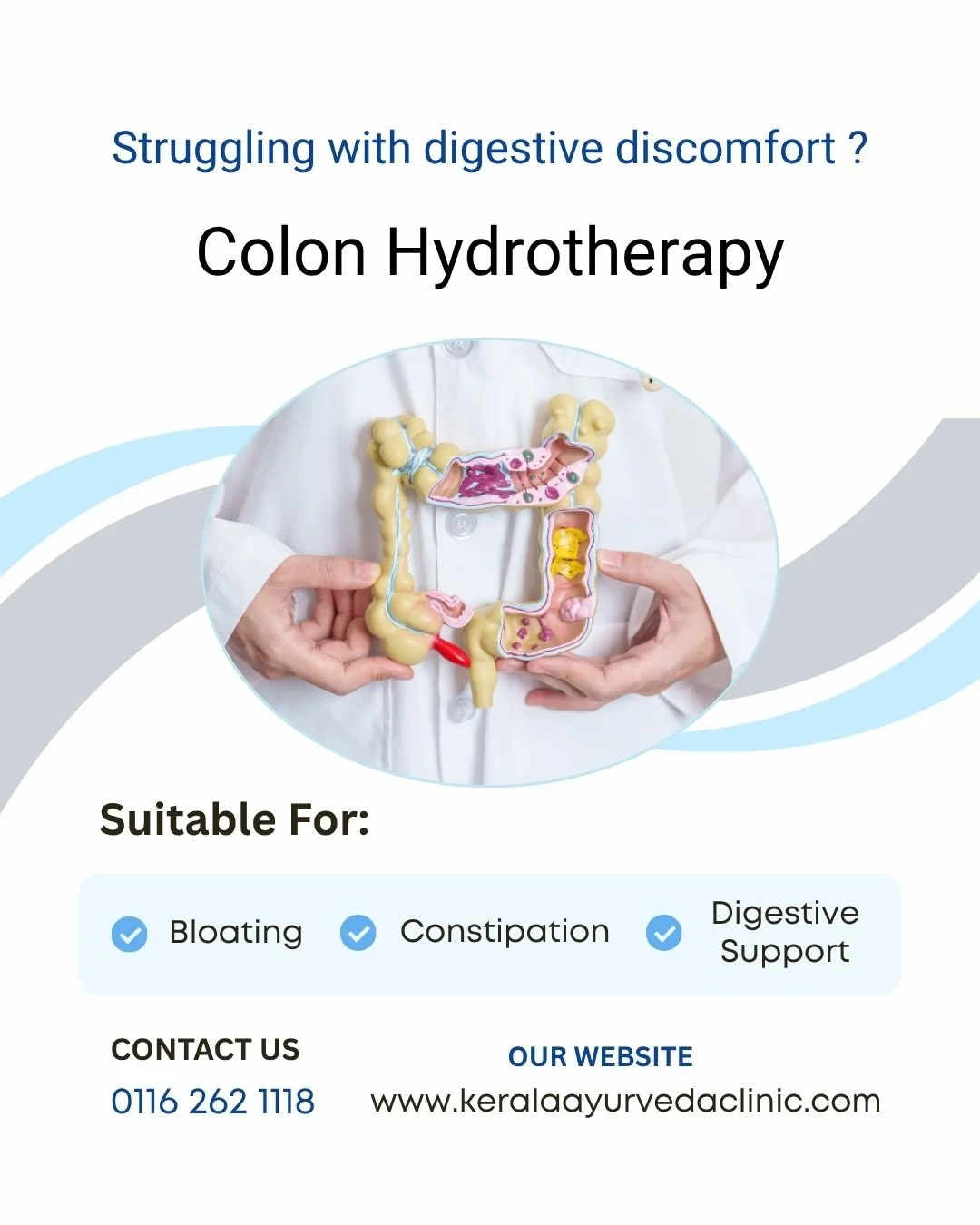 Bloating, constipation, or digestive discomfort?

Colon Hydrotherapy

Prioritise your digestive wellbeing.

📍 Kerala Ayurveda Clinic
173 Belgrave Gate, Leicester LE1 3HS
📞 0116 262 1118 | 0116 253 0057
🌐 www.keralaayurvedaclinic.com

#Leicester #L
