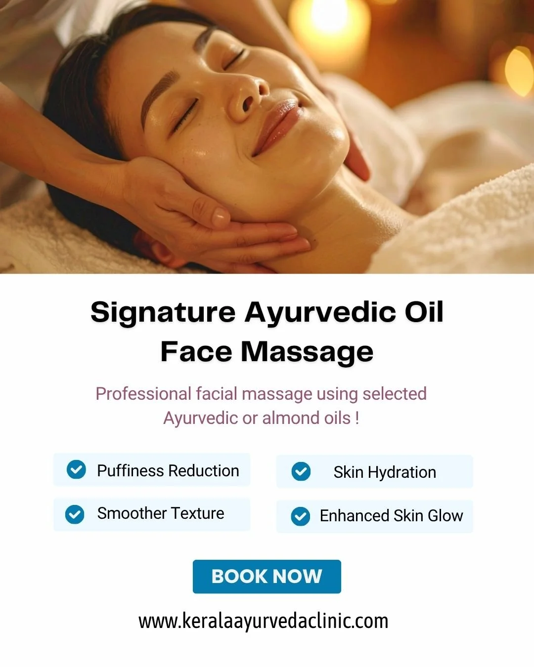 Signature Ayurvedic Oil Face Massage

Professional face massage tailored to your skin's needs.

Supporting hydration, smoother texture and a healthy-looking glow.

Book online and receive 5% off your treatment.

📍 Kerala Ayurveda Clinic
173 Belgrave