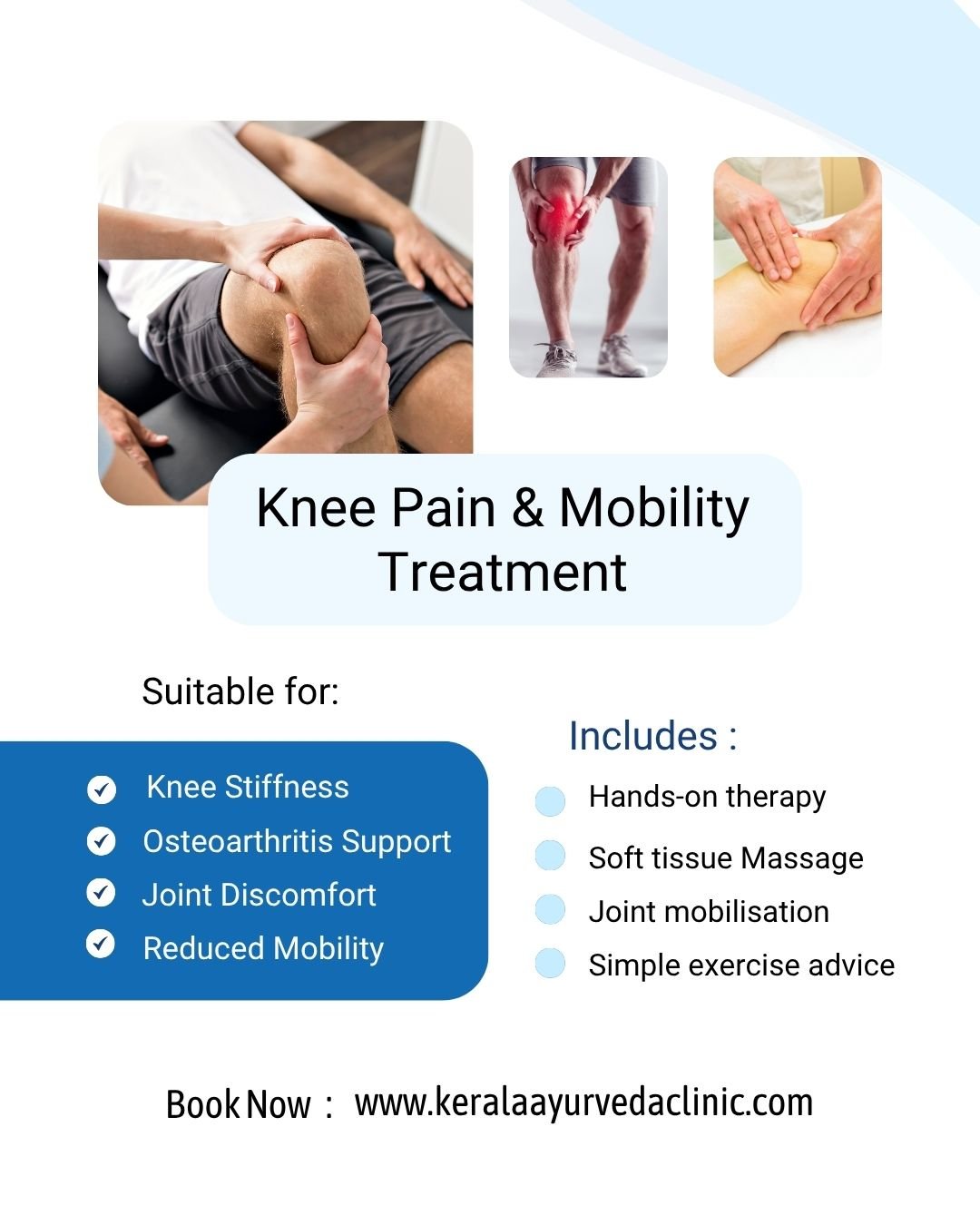 Struggling with knee pain, stiffness, or reduced mobility?

Knee Pain &amp; Joint Mobility Treatment

Helping you improve movement, reduce discomfort, and support better daily function.

📍 Kerala Ayurveda Clinic
173 Belgrave Gate, Leicester LE1 3HS
