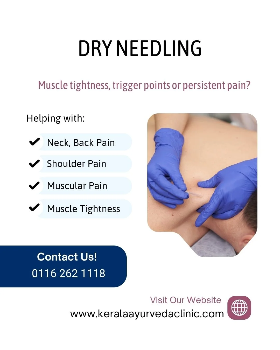 Dry Needling

Targeted physiotherapy treatment for muscle tightness, trigger points, neck pain, shoulder pain, back pain, sports-related muscle tension and restricted movement.

Dry needling is used to target sensitive muscle points that may contribu