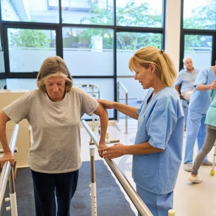 Physiotherapist supporting post-surgery rehabilitation exercises to improve mobility, balance and strength at Kerala Ayurveda Clinic Leicester.