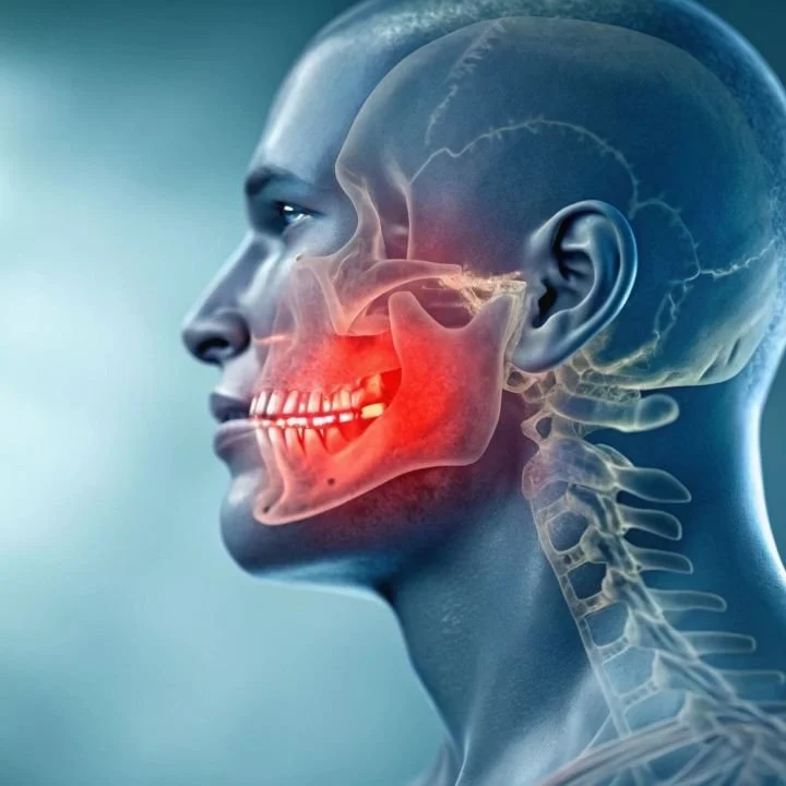 TMJ jaw pain illustration used for physiotherapy treatment at Kerala Ayurveda Clinic Leicester, suitable for TMJ dysfunction, jaw tightness and facial tension.