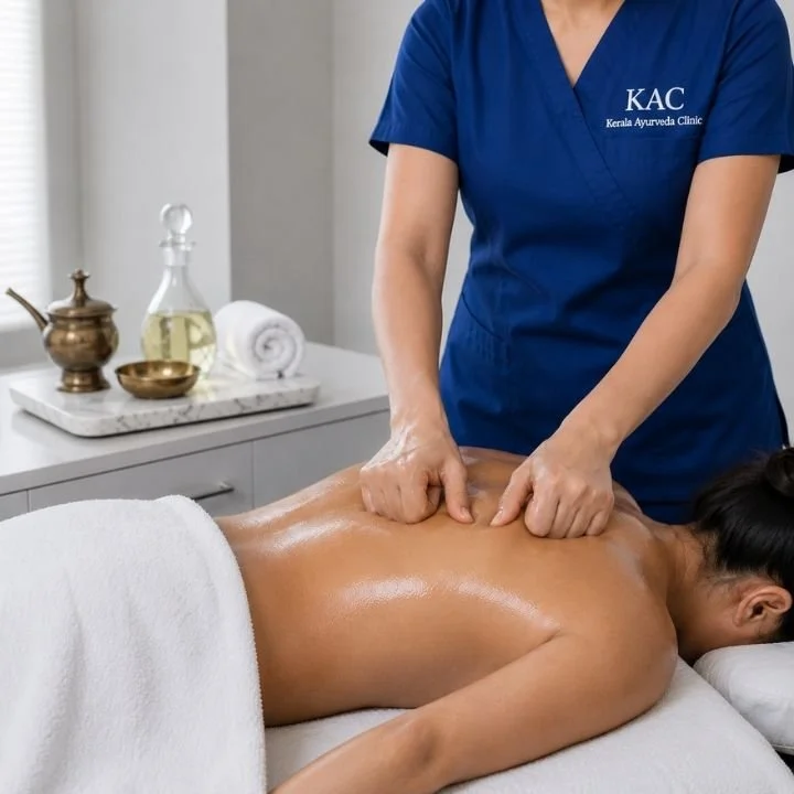 Abhyanga Ayurvedic body massage at Kerala Ayurveda Clinic Leicester. A therapist performs a warm herbal oil massage to support circulation, ease muscle tension, reduce joint stiffness and promote relaxation.
