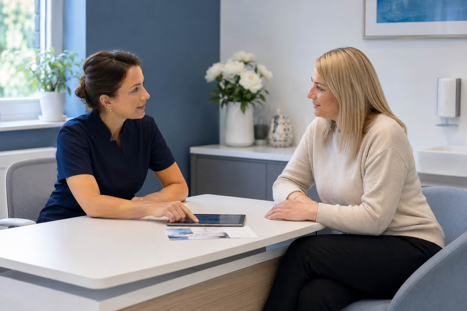 Healthcare professional discussing private health testing options with a patient at a Leicester clinic.