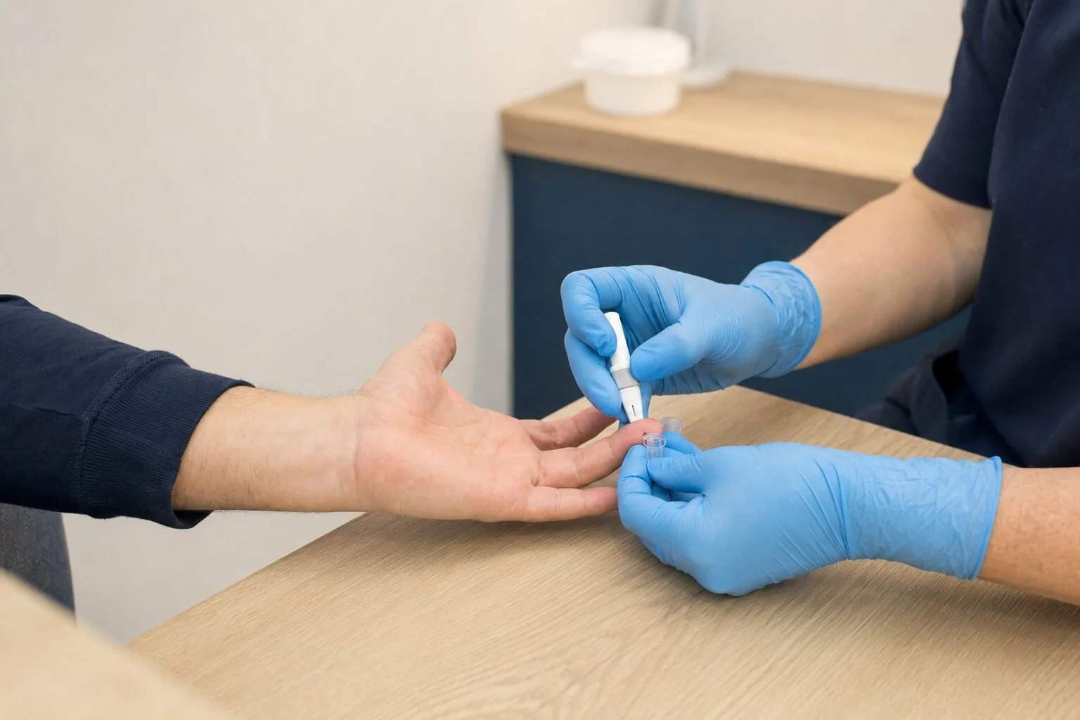 Healthcare professional collecting a finger-prick blood sample during a private health testing appointment.