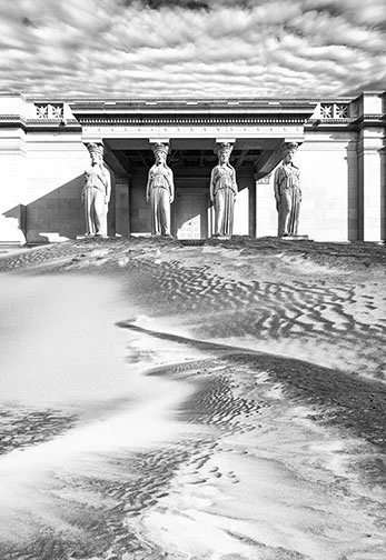 SANDSTORM, ‘25 
 
Limited Edition of 9 and 3AP 
Signed by the Artist 
17” x 22” | “30 x 40” 
 
Photography | This is a composite photograph: 1. Mixed Dunes of sand and snow taken from Oak Street Beach in the winter, 2. Daniel Burnham’s caryatids at t