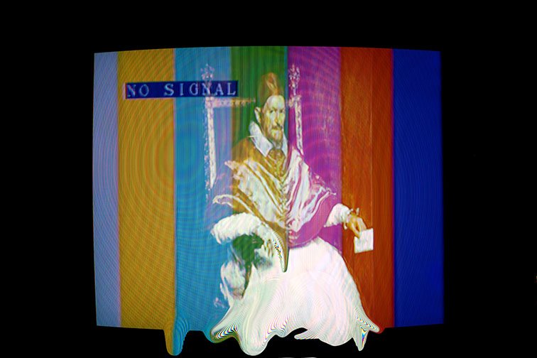 DIVINE INPUT, ’25 
Limited Edition of 9 and 3AP 
17” x 22” | 30” x 40” 
 
Digital Photography | Long exposure of a cathode-ray screen’s lag time to display an image of Pope Innocent X input by a computer. Order of operations in this sleight of hand t
