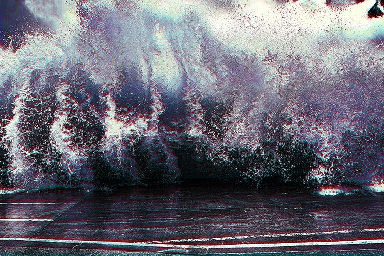 SCREENWAVES, 25’ 
 
Limited Edition of 9 and 3AP 
Signed by the Artist 
17” x 22” | “30 x 40” 
 
Digital Photography | A photograph of a menacing wave mixed with CRT Scan lines: Scan lines on a Cathode Ray Tube Television are the illuminated horizont