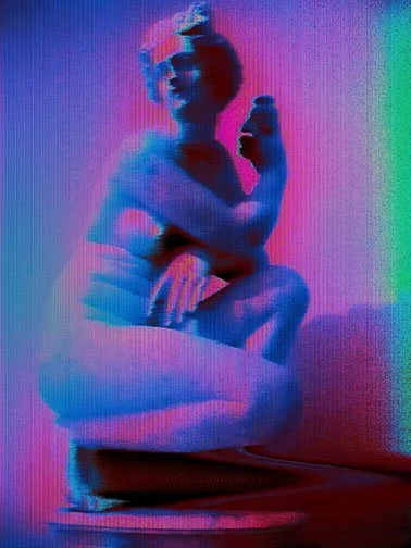 VENUS FOREVER AGLOW, ‘25 
 
Limited Edition of 9 and 3AP 
Signed by the Artist 
17” x 22” | “30 x 40” 
 
Glitch-Photography | “Circuit-bent” photograph of an Imerial age “Crouching Venus” Statue from the TORLONIA COLLECTION | Archival pigment print 