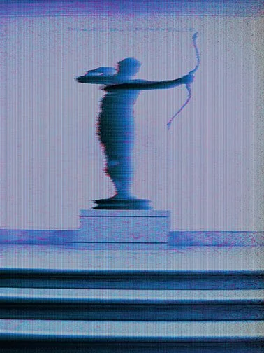 HITTING THE MARK, ‘25 
 
Limited Edition of 9 and 3AP 
Signed by the Artist 
20”x 24” | “30 x 40” 
 
Glitch-Photography | “Circuit-bent” photograph of the Bronze of Teucer at the Art Institute of Chicago | Archival pigment print 