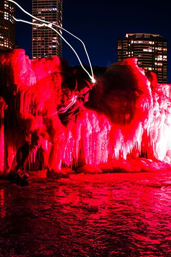 WINTERLAND SELF-PORTRAIT, ’24 
 
Limited Edition of 9 and 3AP 
Signed by the Artist 
17” x 22” | “30 x 40” 
 
Digital Photography | A self portrait on the frozen banks of Lake Michigan illuminated by Road signal flares | Archival Pigment Print 