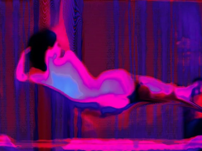 GIULIA, ‘25 
 
Limited Edition of 9 and 3AP 
Signed by the Artist 
20”x 24” | “30 x 40” 
 
Glitch-Photography | “Circuit-bent” Portrait of Ms. A Lying on her side| Archival pigment print 