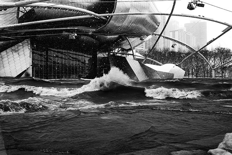 SOUND WAVES I., ’25 
 
Limited Edition of 9 and 3AP 
Signed by the Artist 
17” x 22” | “30 x 40” 
 
Digital Photography | A composite photograph of 1, Frank Gehry’s Pritzker Pavilion during a snow storm integrated with 2. A photo of dramatic waves fr