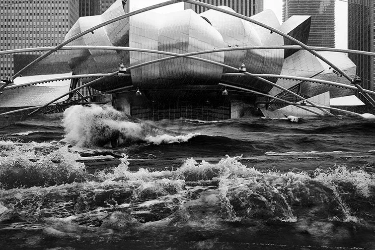 SOUND WAVES II. , ’25 
 
Limited Edition of 9 and 3AP 
Signed by the Artist 
17” x 22” | “30 x 40” 
 
Digital Photography | A composite photograph of 1, Frank Gehry’s Pritzker Pavilion during a snow storm integrated with 2. A photo of dramatic waves 