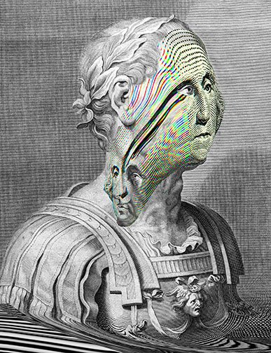 RENDER UNTO CAESAR, ’25 
 
Limited Edition of 9 and 3AP 
Signed by the Artist 
17” x 22” | “30 x 40” 
 
Digital Photography | A Facial Composite photograph of 19th century intaglio print of Caesar’s bust and manipulated scan of a sheet of uncut one d