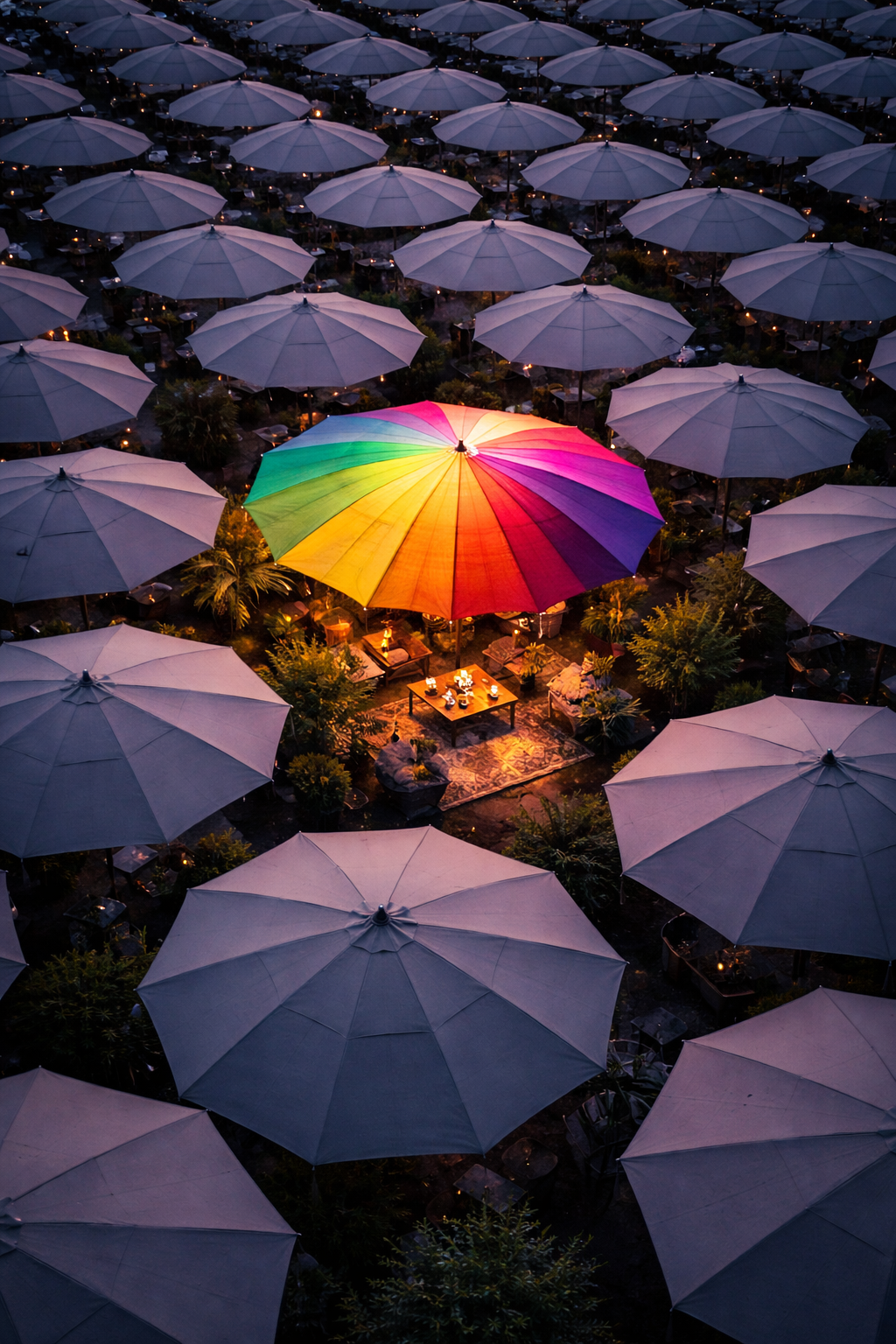 A brightly colored rainbow umbrella illuminates a dining table beneath it, surrounded by numerous white umbrellas in an outdoor setting during evening.
