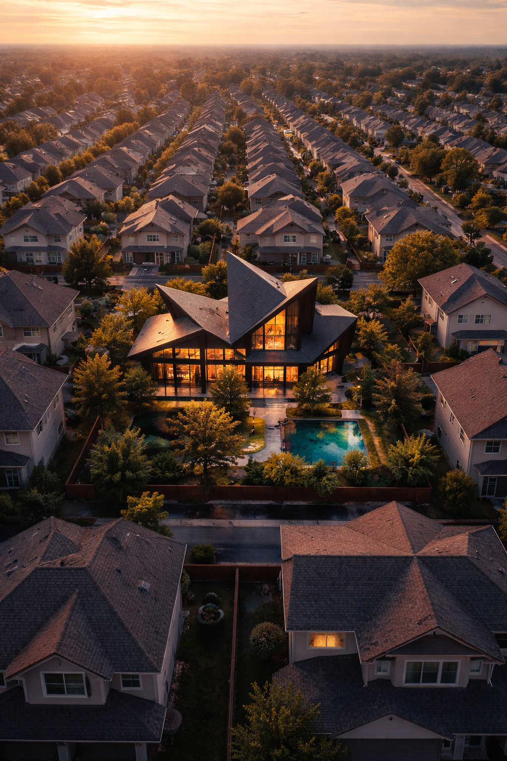 An aerial view of a suburban neighborhood during sunset, featuring rows of houses with tiled roofs, trees, and a modern house with large glass windows and a swimming pool in the backyard.