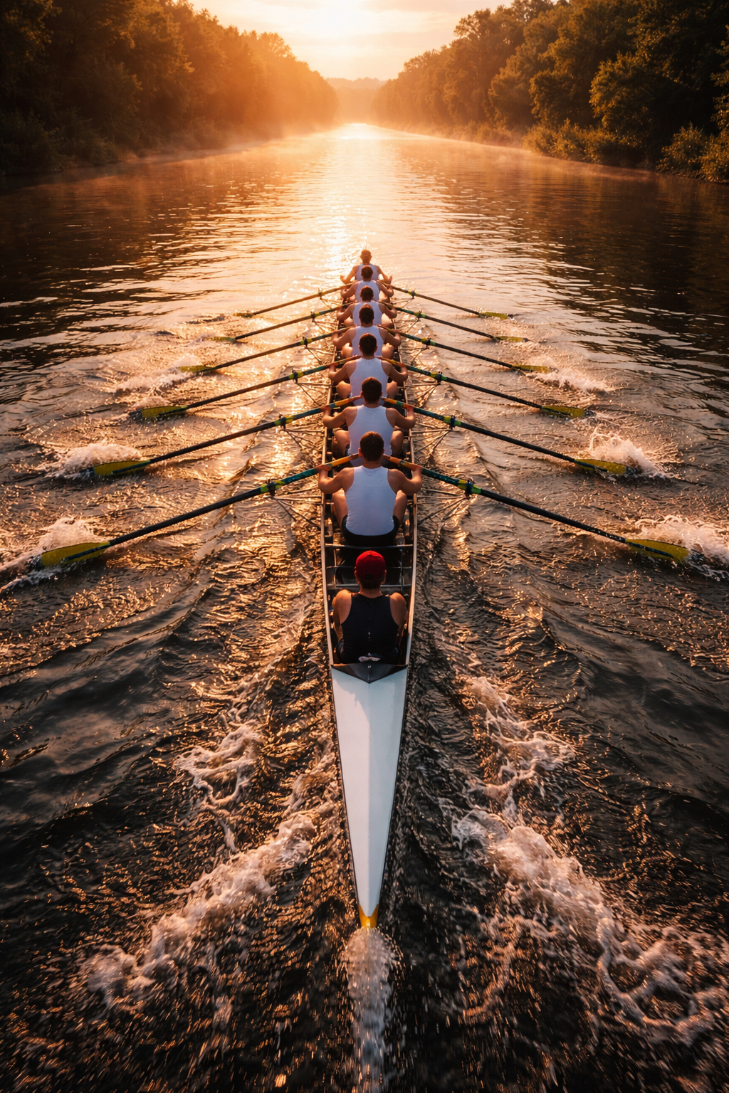 A team of rowers in a boat paddling on a river during sunset with a golden glow on the water and trees on both sides.