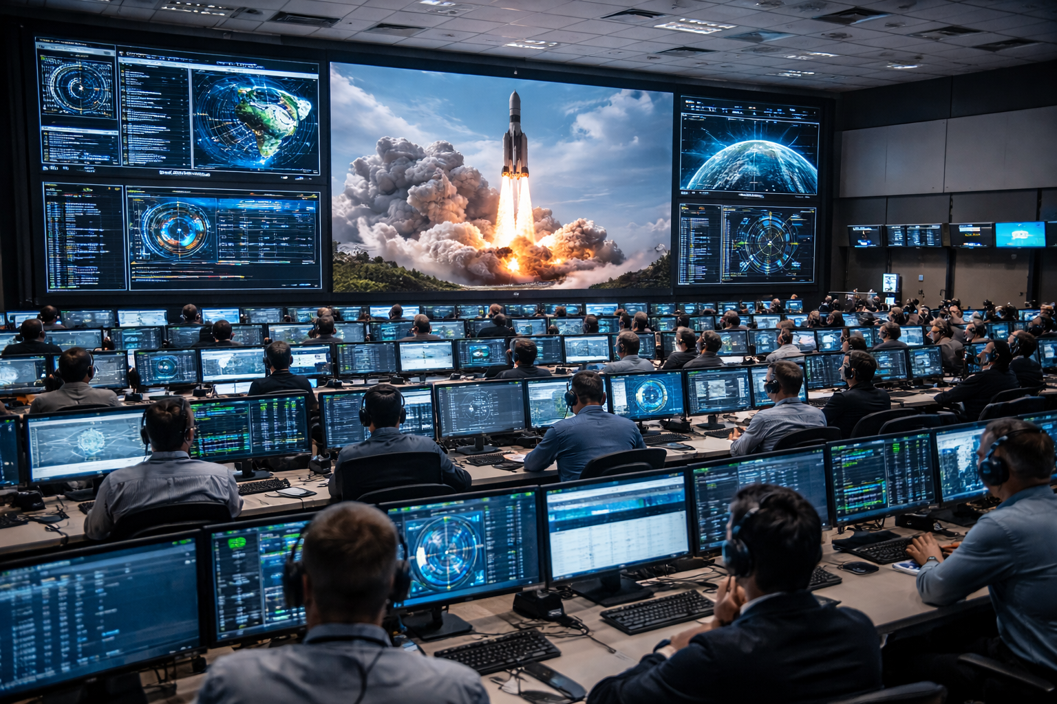 Mission control room with numerous personnel at computer stations watching a large screen displaying a rocket launching, with additional screens showing global data and earth imagery.