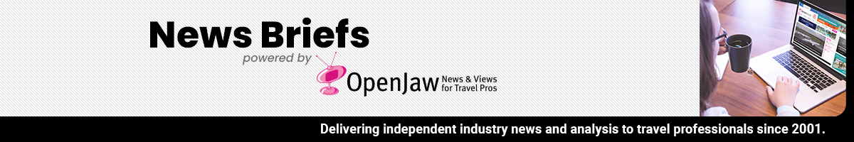 Header image showing a woman working on a laptop and a newspaper on a desk, with the title "News Briefs" and a logo for OpenJaw, a news and views platform for travel professionals.
