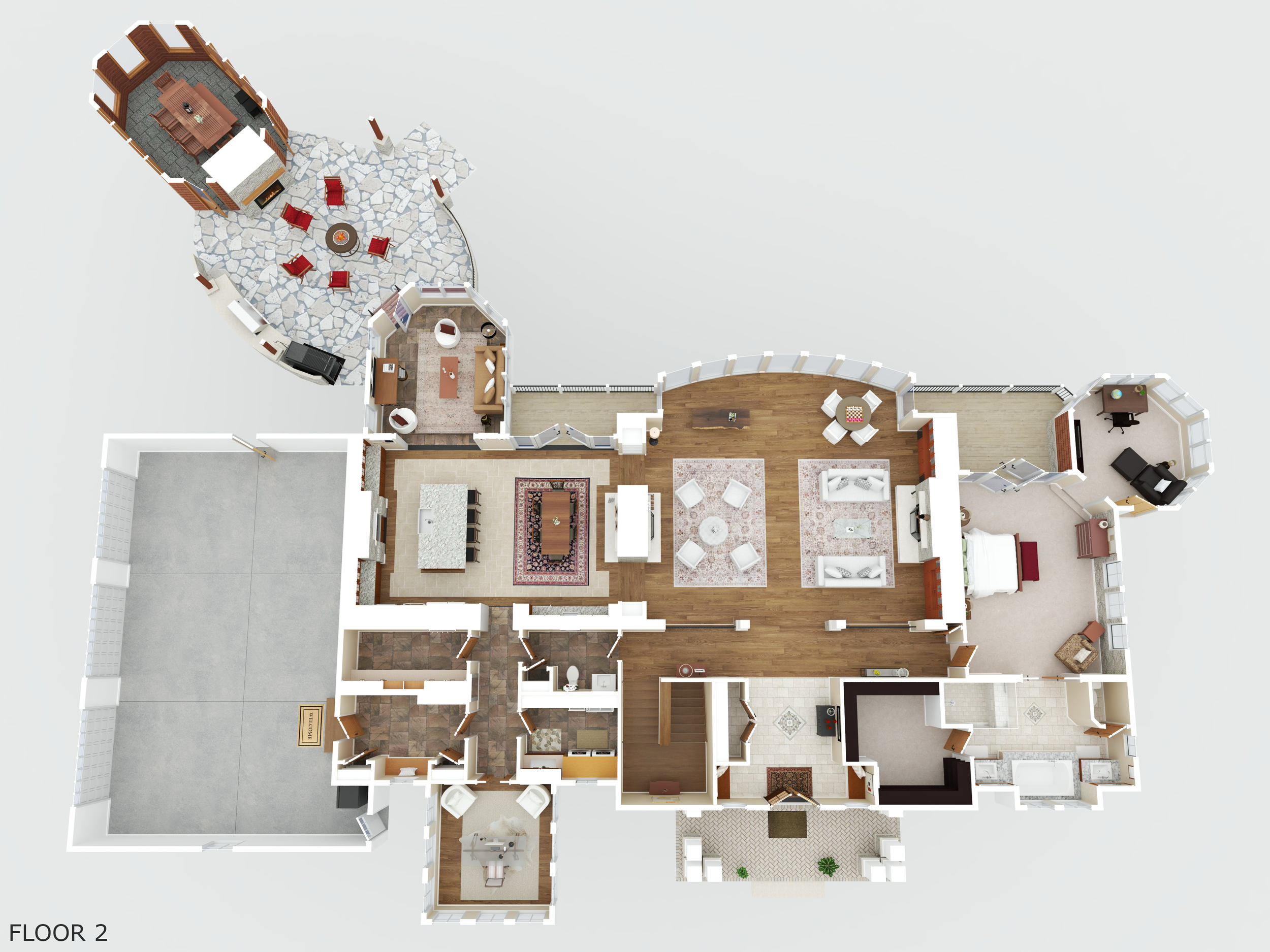 A detailed floor plan of a house with various rooms including a living room, dining area, kitchen, bedrooms, and outdoor patio with seating and a firepit.