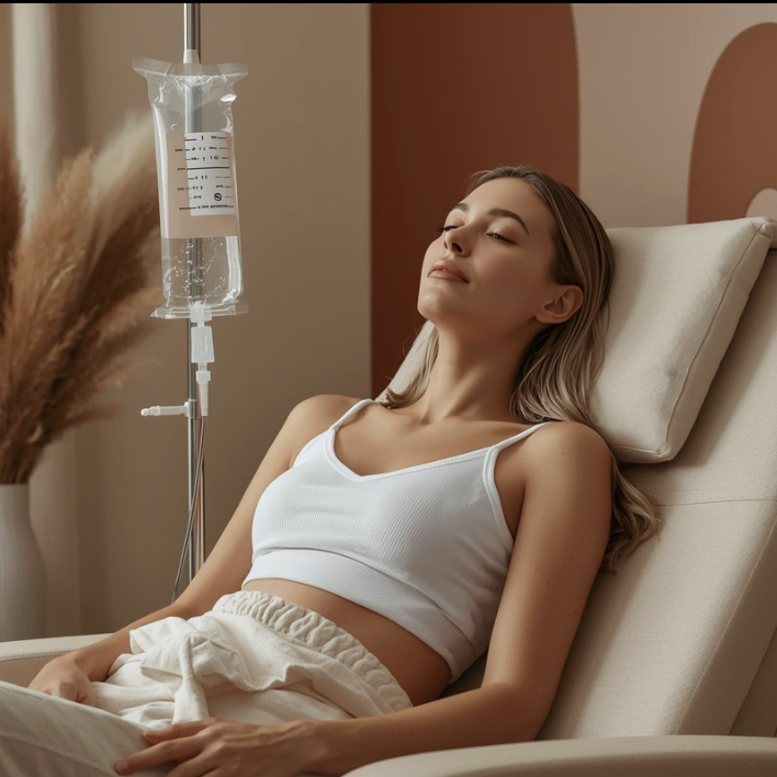 Woman relaxing in a lounge chair during an IV hydration drip