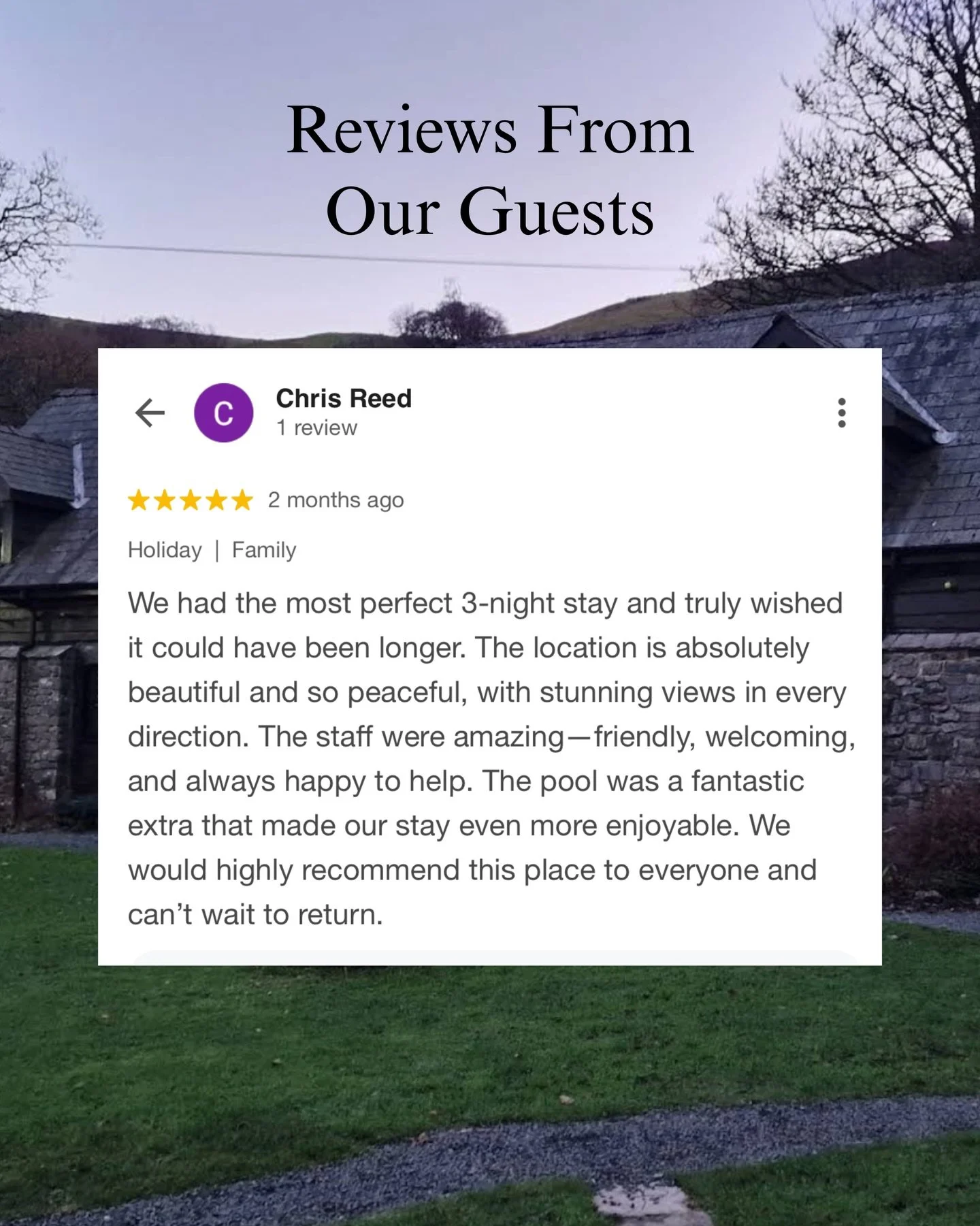 Reviews from our guests 📝🫶🏼 we love hearing all our guests reviews and the lovely notes we receive don&rsquo;t go unnoticed.

If you haven&rsquo;t yet left a review, it would be greatly appreciated!