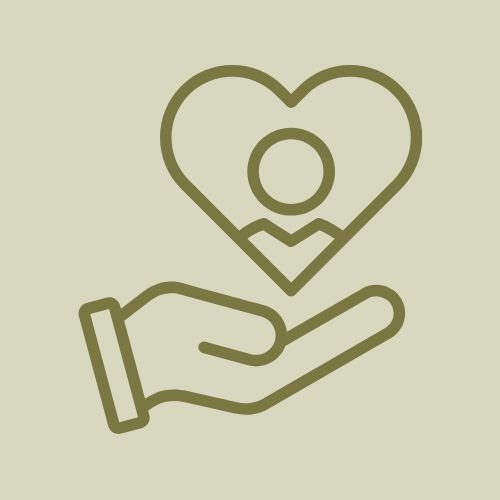 Illustration of a hand holding a heart with a person inside, representing care, support, and compassion in mental health therapy at Walls Counseling.