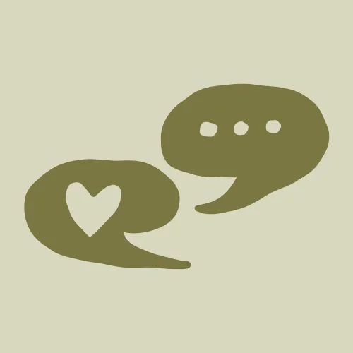 Illustration of two speech bubbles, one with a heart and one with three dots, representing communication, connection, and compassionate counseling at Walls Counseling.