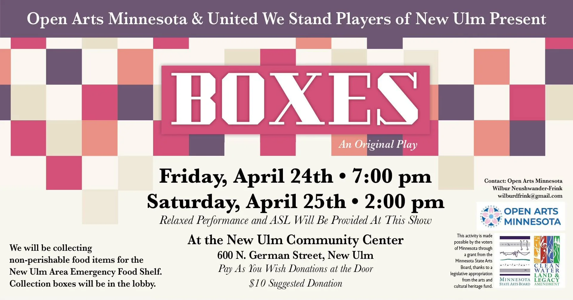 The United We Stand Players of New Ulm Present "Boxes - An Original Play"