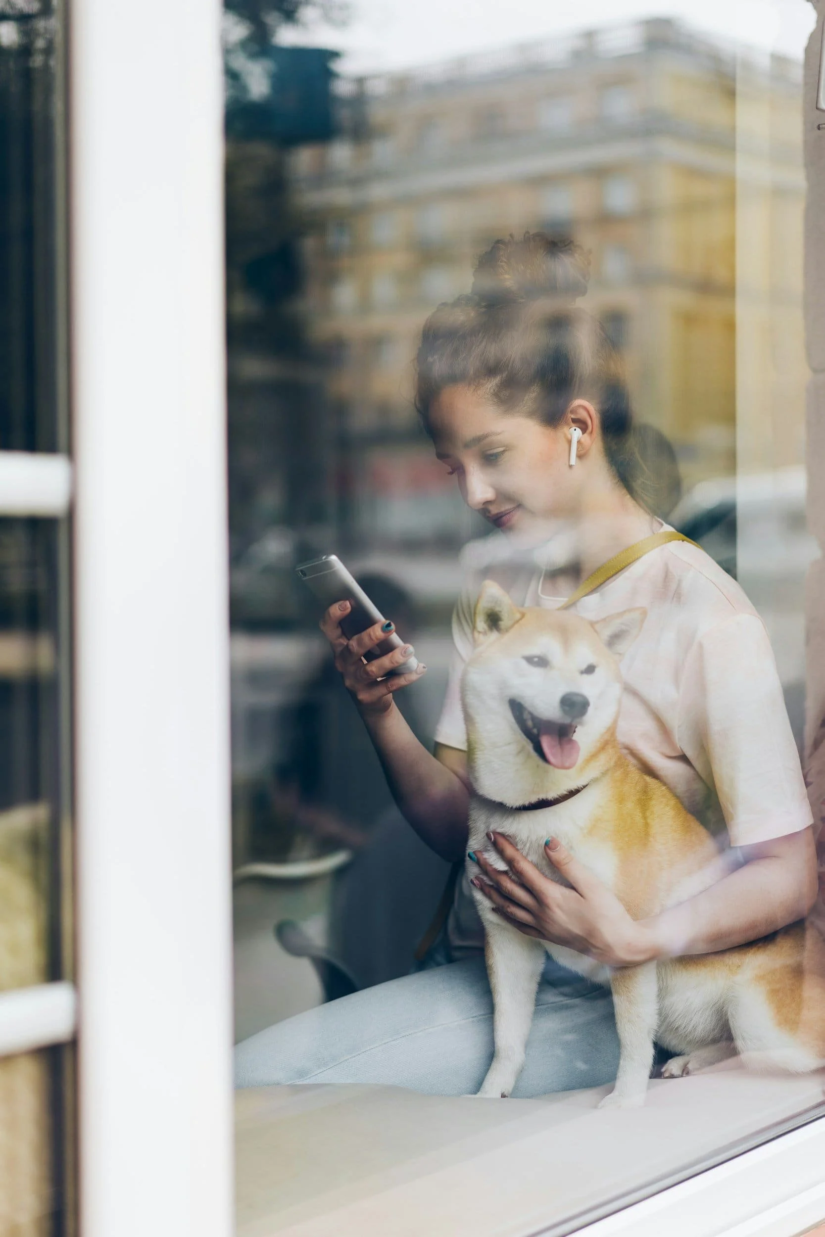Calm owner and dog in window