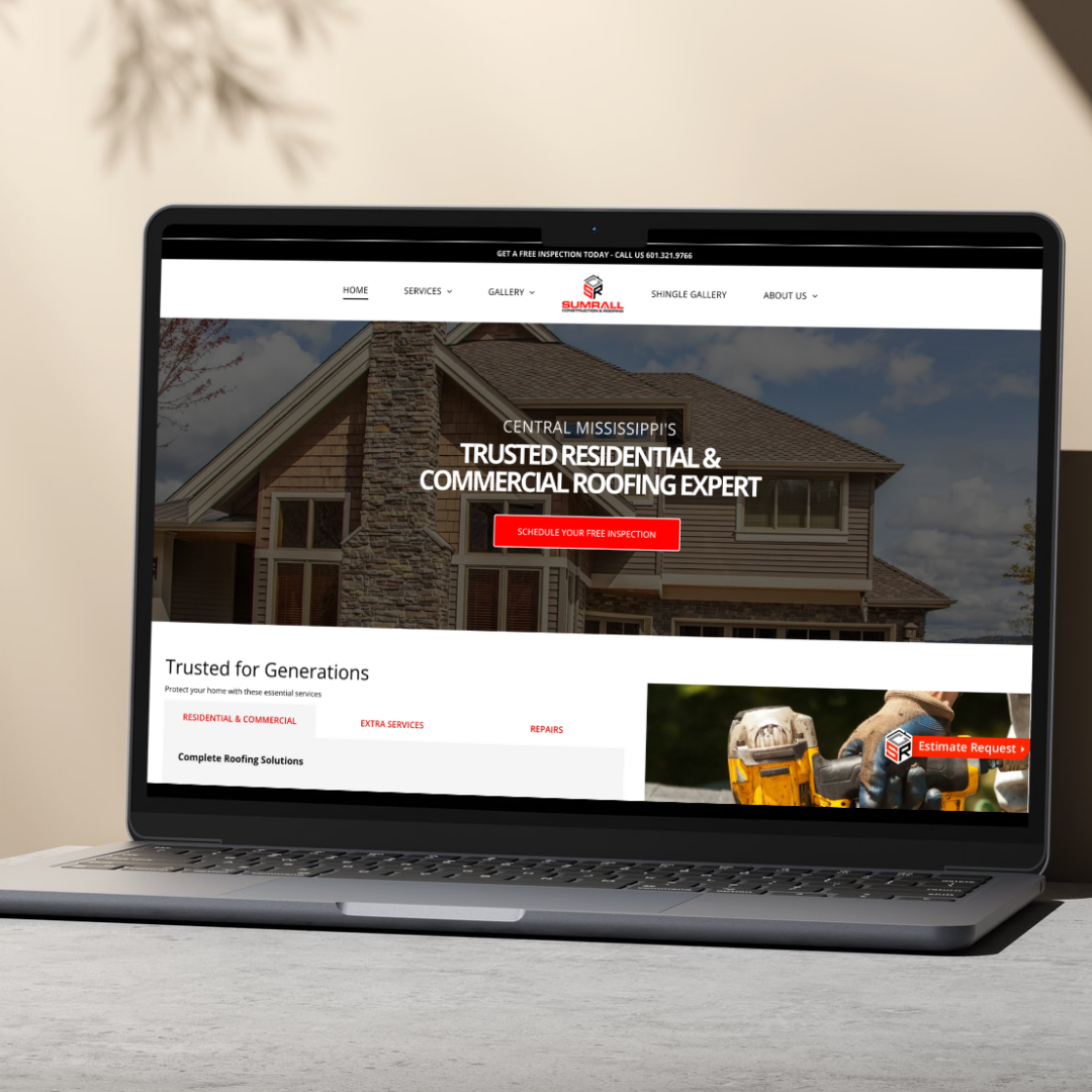 Laptop screen displaying a roofing company's website with a house in the background and a call to action button for a free inspection.