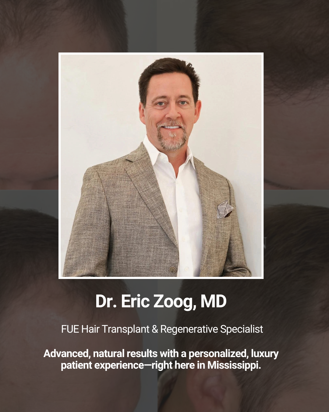 Photograph of Dr. Eric Zoog, MD, a FUE Hair Transplant & Regenerative Specialist, smiling in a beige blazer and white shirt, against a plain white background.