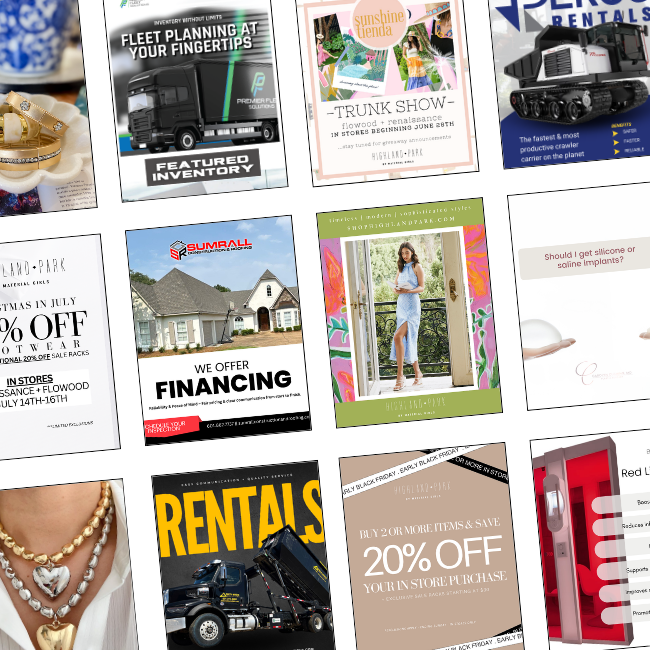 A collage of various promotional flyers and advertisements featuring services like fleet planning, trunk show, equipment rentals, home financing, jewelry, and vending machines.
