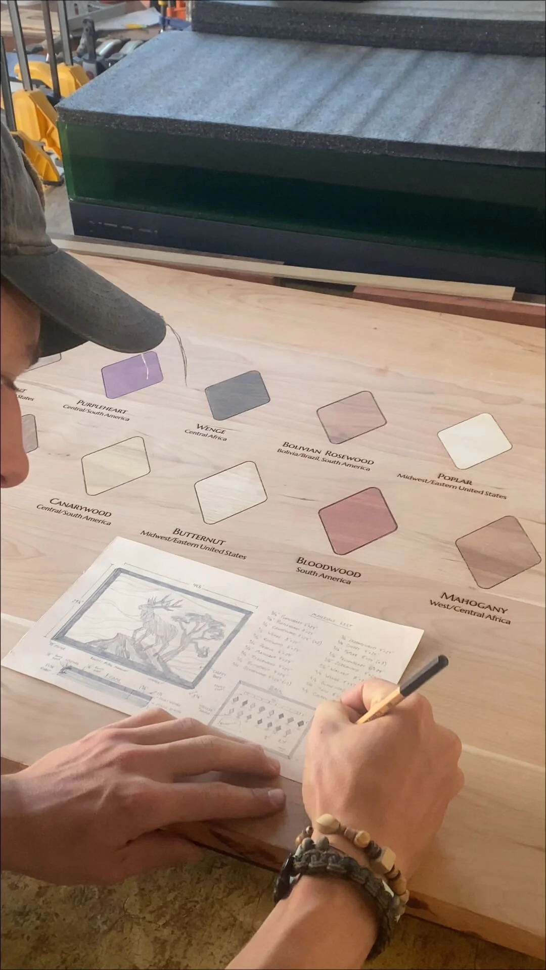 Person writing on a piece of paper with a sketch of a deer and notes, sitting at a light wood table with a card guide showing various wood types and their regions.