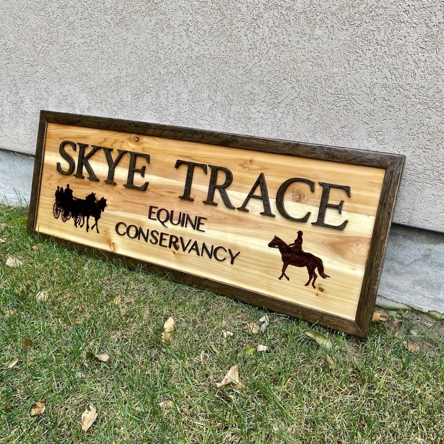 Wooden sign for Skye Trace Equine Conservancy with silhouette images of a horse and rider, and a horse-drawn carriage, leaning against a wall on grass.