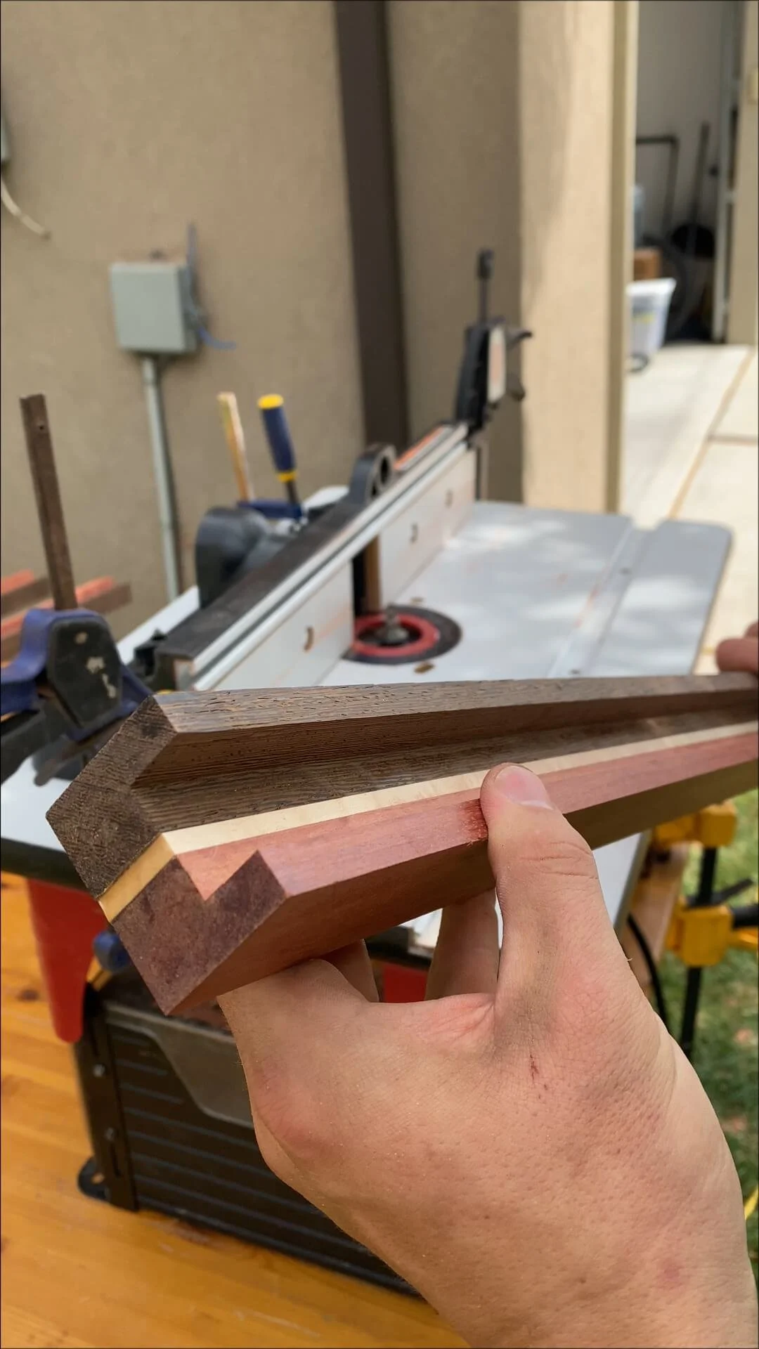 A person's hand holding a piece of shaped, layered wood in a woodworking workshop with a table saw and tools in the background.