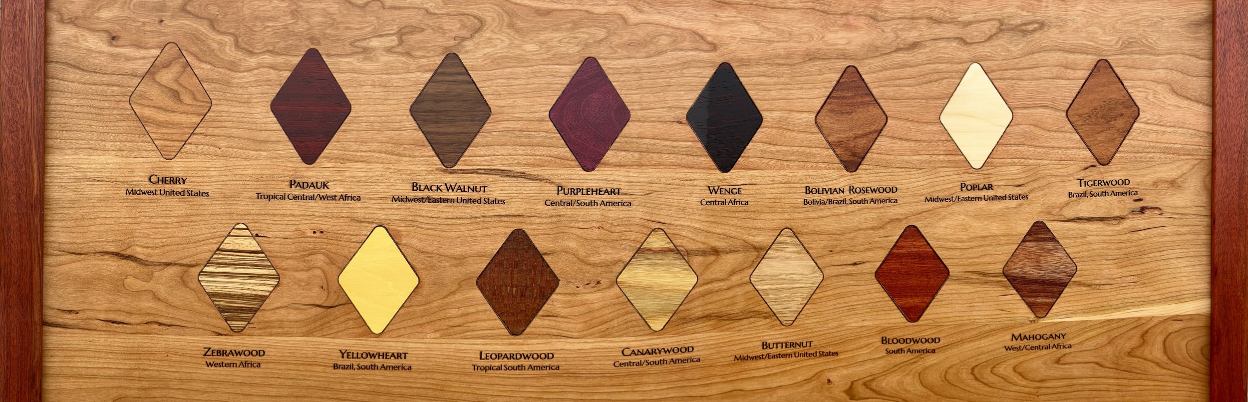 A wooden display with rows of different wood samples, each labeled with its name and origin, including Cherry, Padauk, Black Walnut, Purpleheart, Wenge, Bolivian Rosewood, Poplar, Tigerwood, Zebrawood, Yellowheart, Leopardwood, Canarywood, Butternut, Bloodwood, and Mahogany.