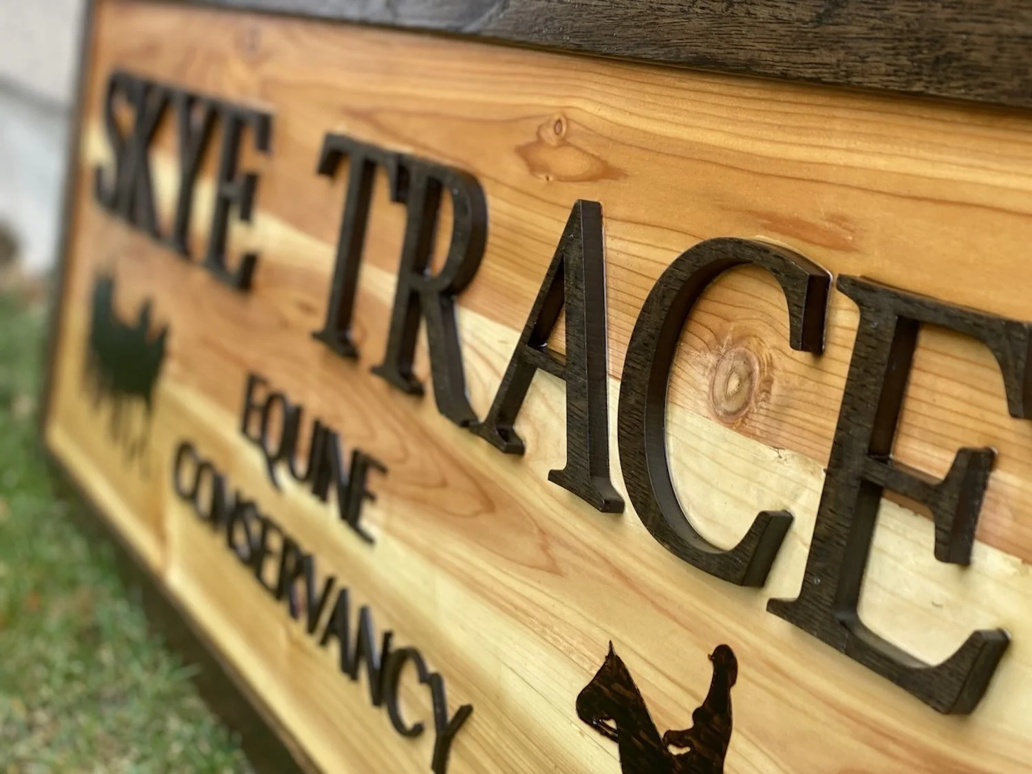 Close-up of a wooden sign with black raised letters, partially visible, reading "Skye Trace Equine Conservancy."