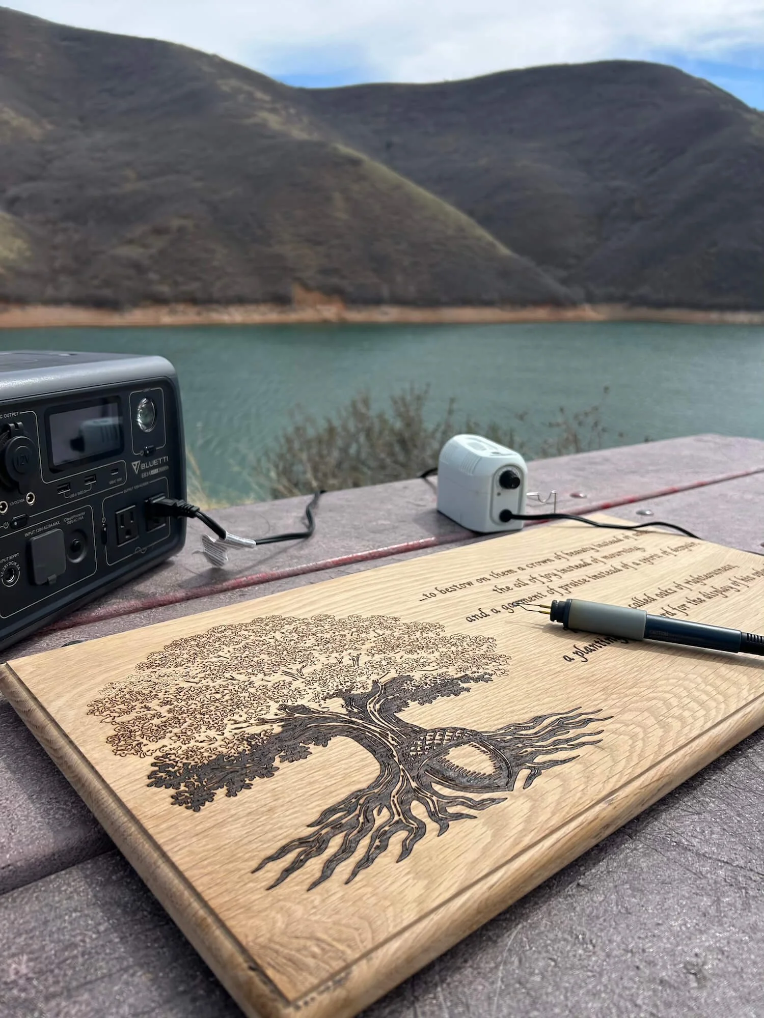 A wooden sign with an engraving of a tree and some text, placed on a wooden surface by a lake with mountains in the background.