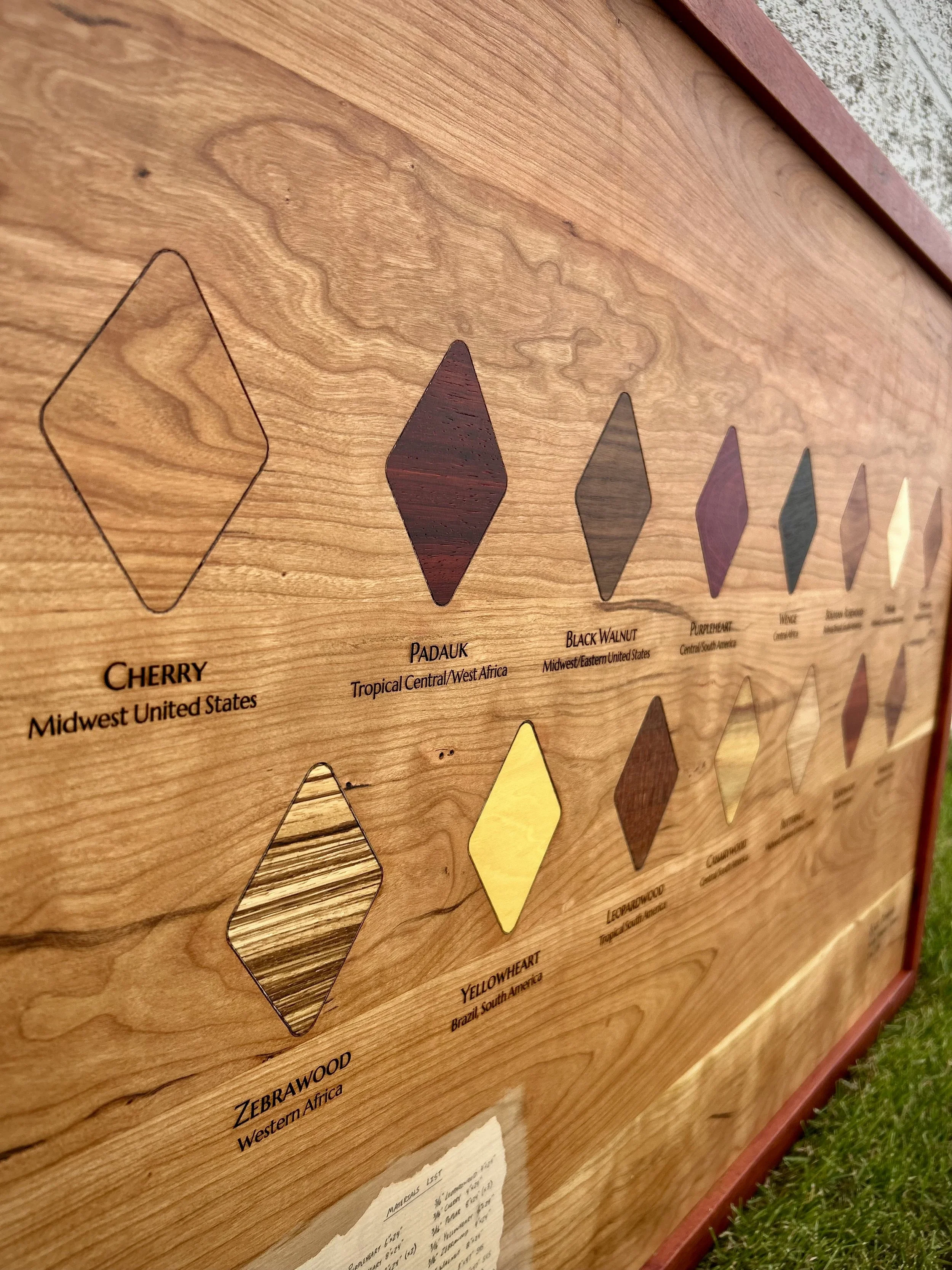 Wooden display panel showing various types of wood with colored diamond-shaped samples. Labels underneath specify the wood names and regions, including Cherry, Padauk, Black Walnut, Purpleheart, Yellowheart, and Zebrawood. The panel is set against an outdoor setting with grass visible at the bottom.