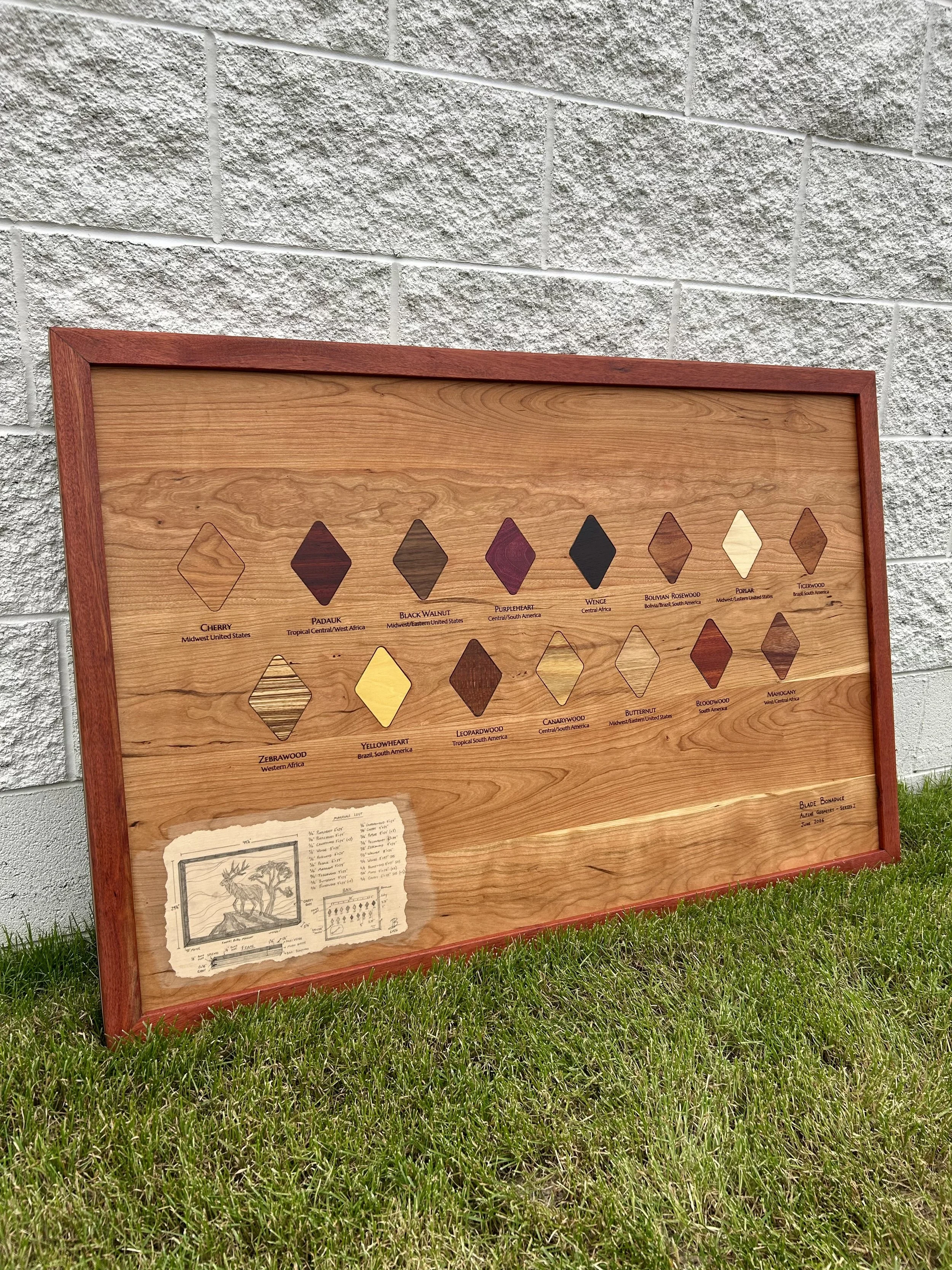 A wooden display board with various diamond-shaped wood samples and labels, leaning against a white brick wall outdoors on the grass.