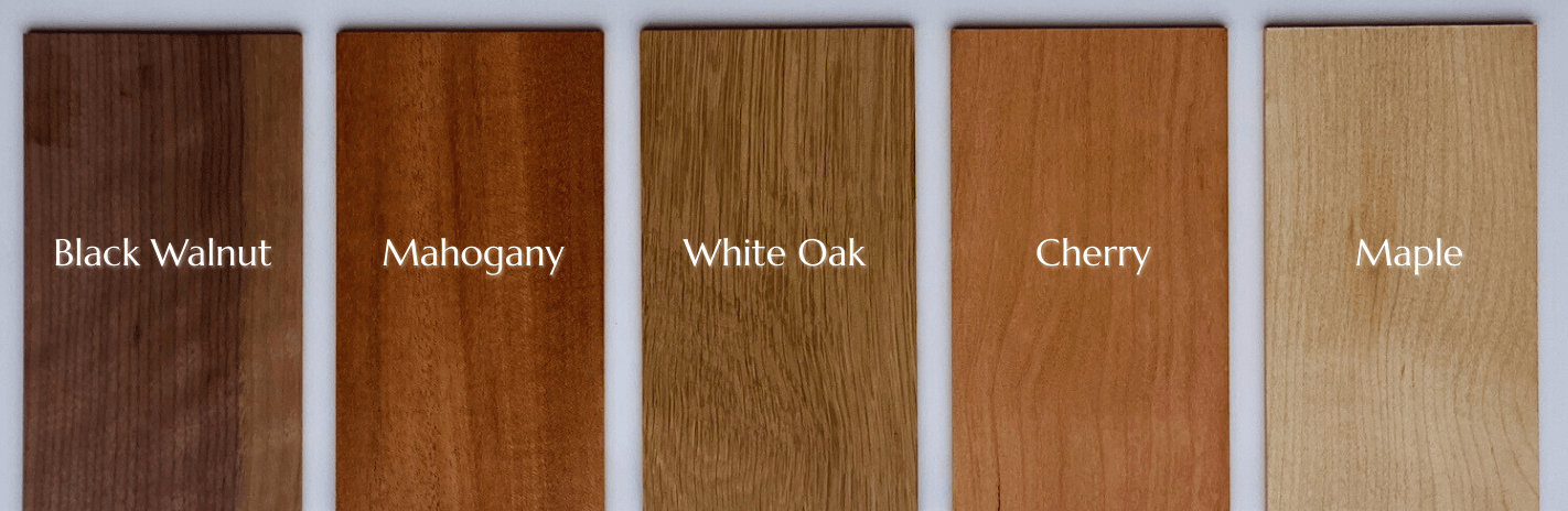 Five Wood sign species, black walnut, Mahogany, white oak, cherry, and maple