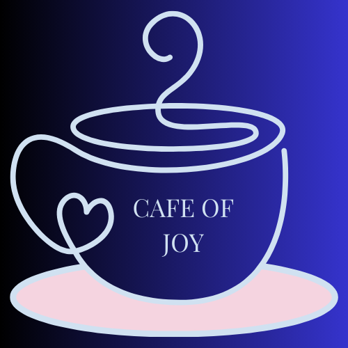 Line drawing of a coffee cup with steam, a heart, and the text 'Cafe of Joy' on a dark blue background.