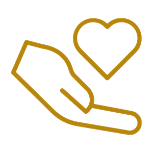 A gold outline of a hand with a heart above it.